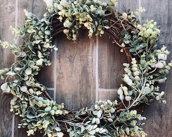 Eucalyptus Wreath | Full Rustic Wreath for Front Door | Handmade Year Round or Christmas Wreath | Simple Faux Wreath All Seasons