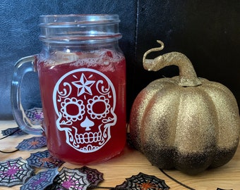 Sugar Skull Mason Jar Glass, Day of the Dead, Halloween glassware, Iced Coffee Glass, Dia de los muertos, Sugar skull glass, Cinco de Mayo