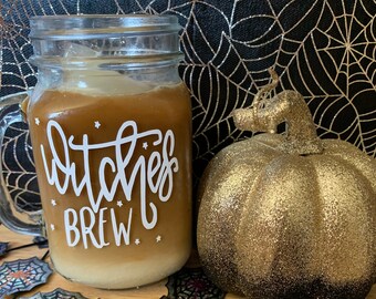 Witches Brew, Mason Jar Drinking Glass, Glassware, Halloween Glass, Witch Brew Cup, Witches Brew, Iced Coffee, Star Design, Witch Magic