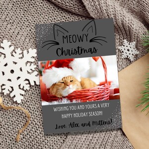 Modello Canva modificabile Meowy Christmas, biglietto di auguri modificabile per la famiglia di animali domestici, biglietto stampabile per le feste con gatti, biglietto fotografico, Facebook, Instagram