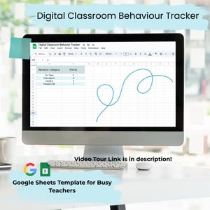 Può includere: Un monitor di computer mostra un modello di Google Sheets intitolato "Digital Classroom Behaviour Tracker". Il foglio di calcolo mostra le categorie di comportamento e i valori dei punti, con un disegno a tratto turchese. Il testo in basso recita "Google Sheets Template for Busy Teachers."