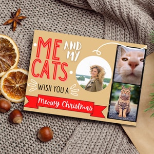 Ik en mijn katten bewerkbare Canva-kaartsjabloon, bewerkbare kerstkaart voor huisdierenfamilie, afdrukbare vakantiekatkaart, fotokaart, Facebook, Instagram