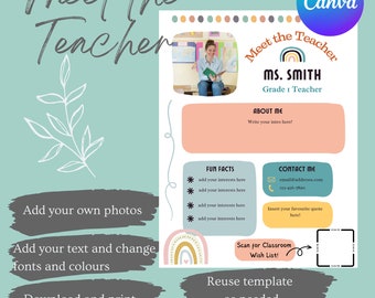Editable Meet The Teacher Template: Rainbow Boho Design (Canva Template)