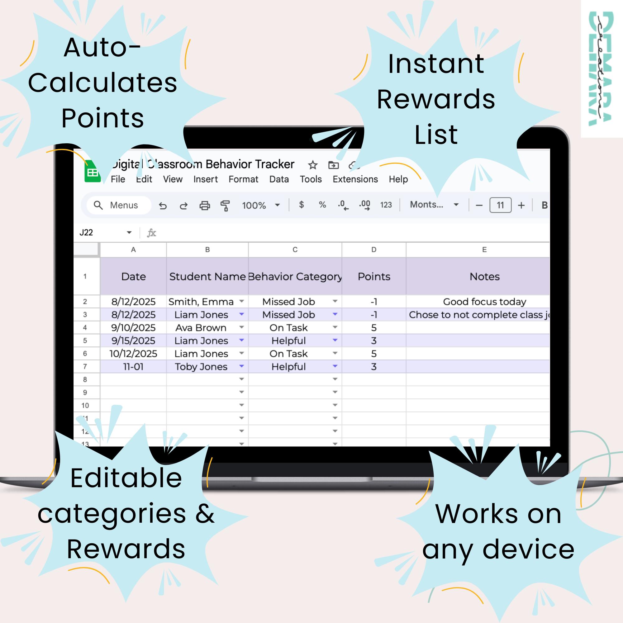Editable Digital Classroom Behaviour Tracker | Google Sheets Points ...