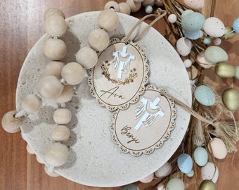 Personalised Religious Easter Basket Tag with Cross Crucifix: He has Risen, Baby's First Easter
