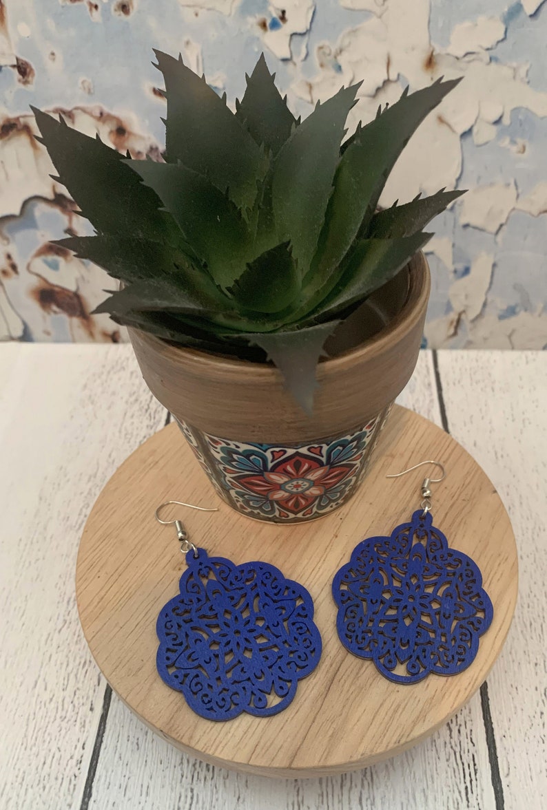 Bohemian dangle earrings FC118, Eco friendly wooden Jewellery light weight laser cut earrings Ultramarine Blue Boho wood earrings