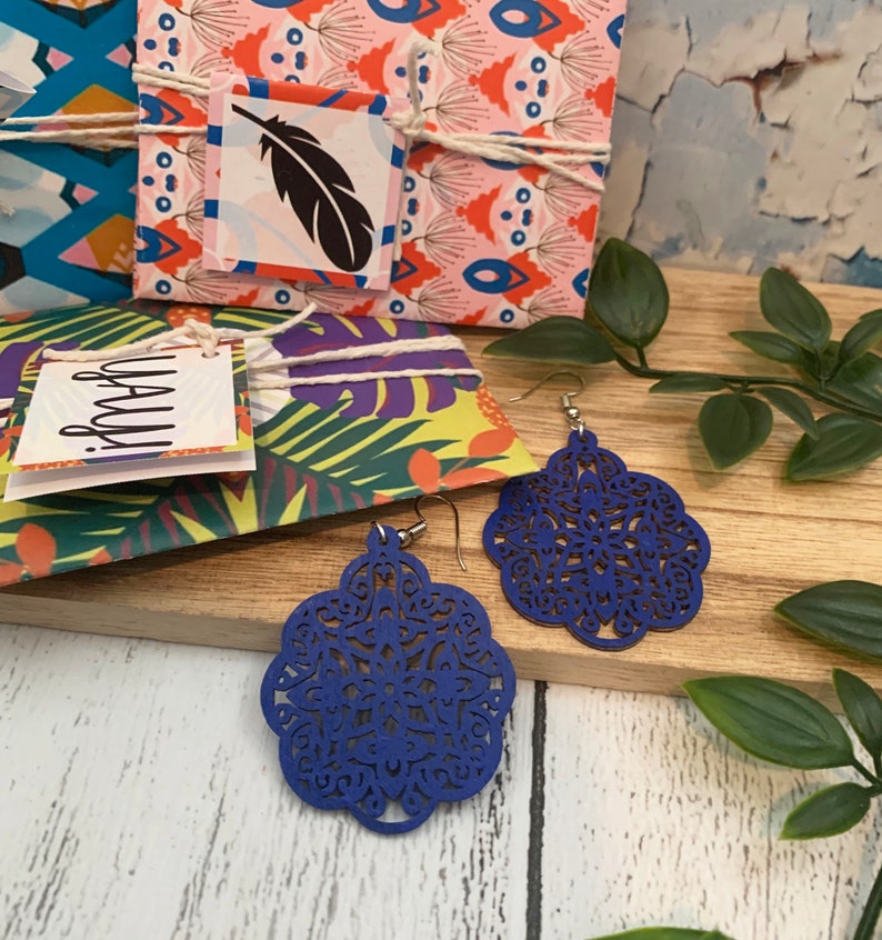 Bohemian dangle earrings FC118, Eco friendly wooden Jewellery light weight laser cut earrings Ultramarine Blue Boho wood earrings