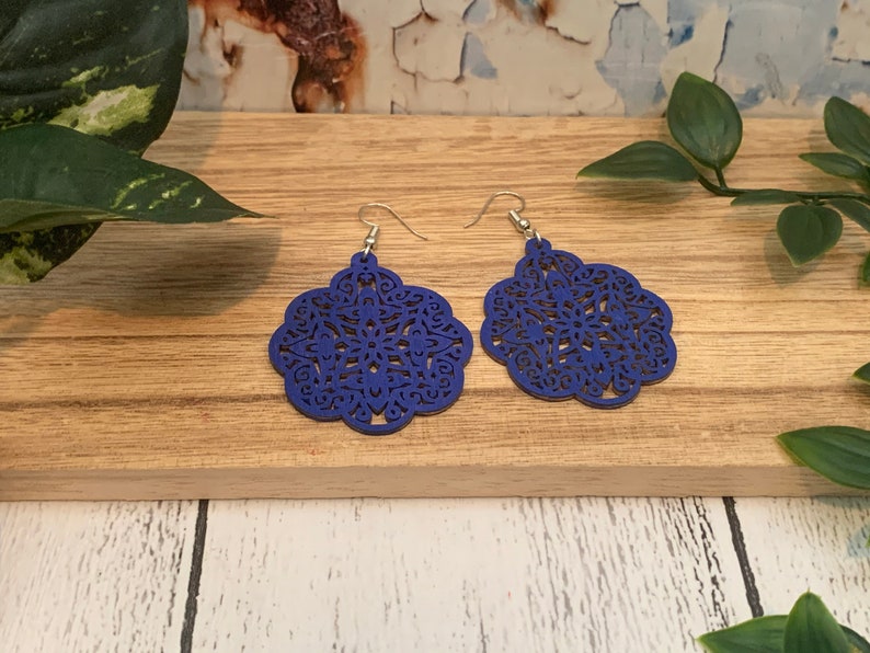 Bohemian dangle earrings FC118, Eco friendly wooden Jewellery light weight laser cut earrings Ultramarine Blue Boho wood earrings
