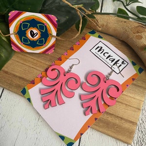 Bright Pink Boho wood earrings, light weight swirly Leaf design laser cut earrings, Eco friendly wooden Jewellery, Boho earrings SL133