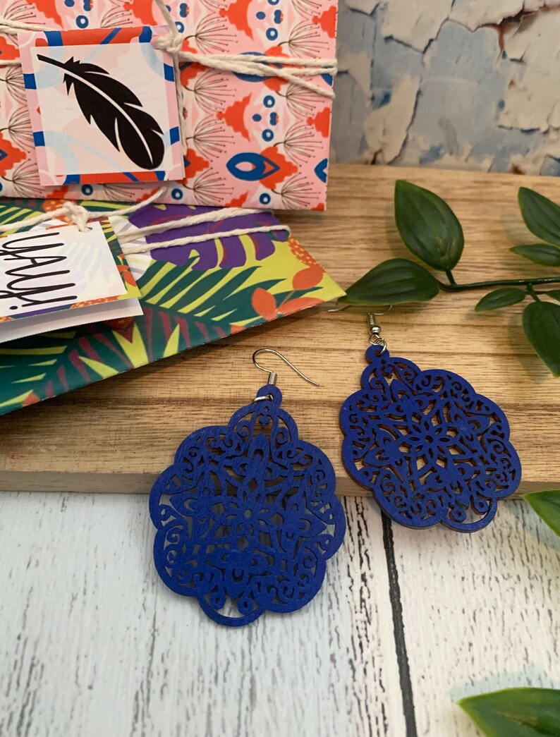 Bohemian dangle earrings FC118, Eco friendly wooden Jewellery light weight laser cut earrings Ultramarine Blue Boho wood earrings