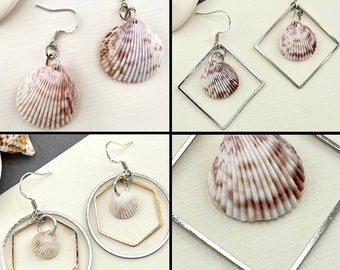 Real Natural Handpicked Cockle Shell on the Beach of Florida. Tropical Ocean Seashell Hoop Dangle Sterling Silver Earrings.