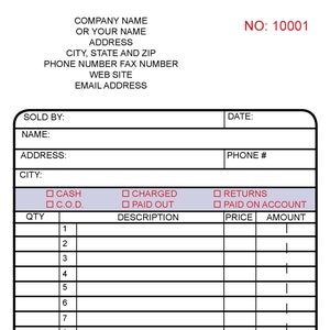 2 Part Ncr Carbonless Custom Sales Receipt Book Full Color 5.5 x 8.5 (50 Sets) With Wrap around Cover For Small Business, Numbered No. 1001
