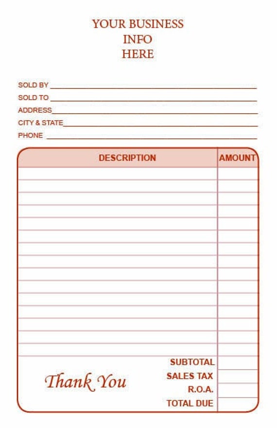 100 Sets of 2 Part NCR Invoices 5 1/2" x 8 1/2"  In Color Loose customized with logo