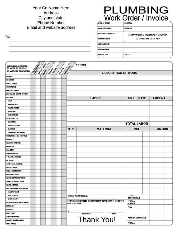 100 3 Part NCR 81/2" x 11" Plumbing Work Order / Invoice Black and White