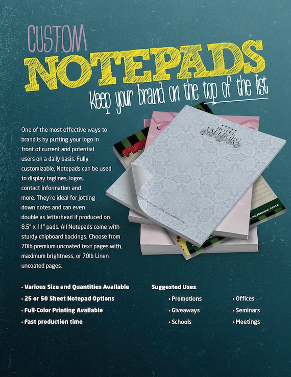 Custom Printed Note Pads full Color 5 1/2" x 8 1/2"  2 Pads 50 Sheets EA. Your Design and Logo