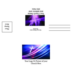 May include: A postcard template with a purple and blue abstract design featuring a cross. The text "Your Church Name and address and info Here" is at the top of the postcard. The text "Your Logo Or Picture of your Church Here" is at the bottom of the postcard.