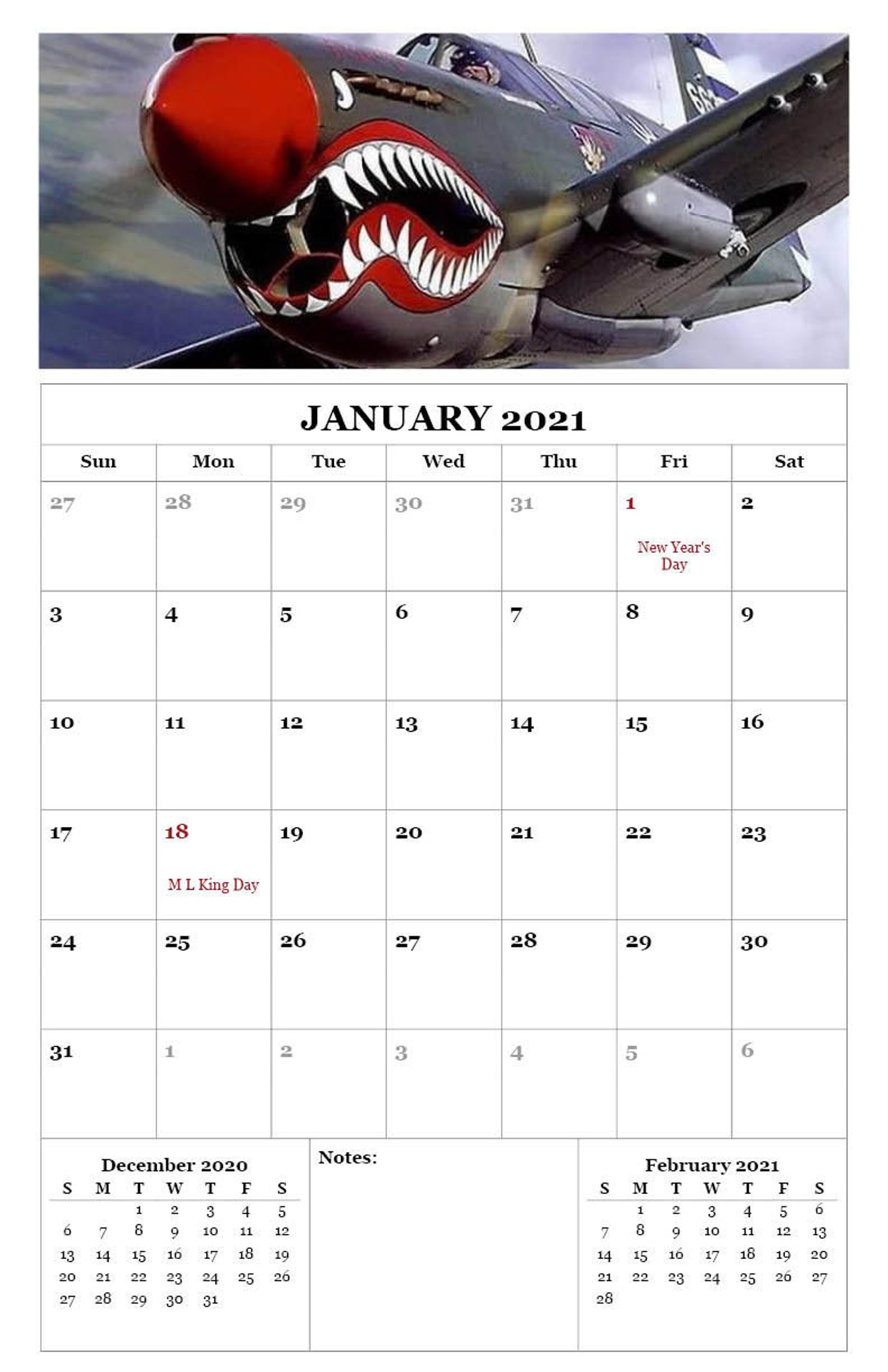 2021 WW2 12 Month Airplane Calendar 11 X 17 Full Etsy