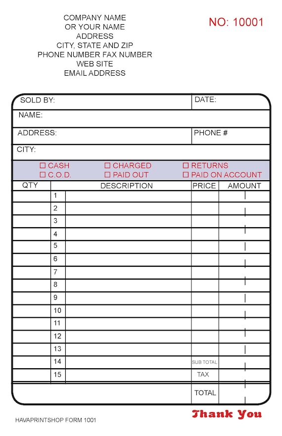2 Part Ncr Carbonless Custom Sales Receipt Book Full Color 5.5 x 8.5 (50 Sets) With Wrap around Cover For Small Business, Numbered No. 1001