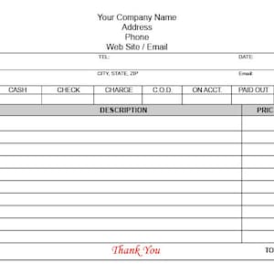 May include: A blank sales receipt form with the words "Logo Here" at the top and bottom. The form has fields for name, address, phone, email, date, sold by, cash, check, charge, C.O.D., on account, paid out, merchandise returned, quantity, description, and price. The form also has a field for total and a thank you message.