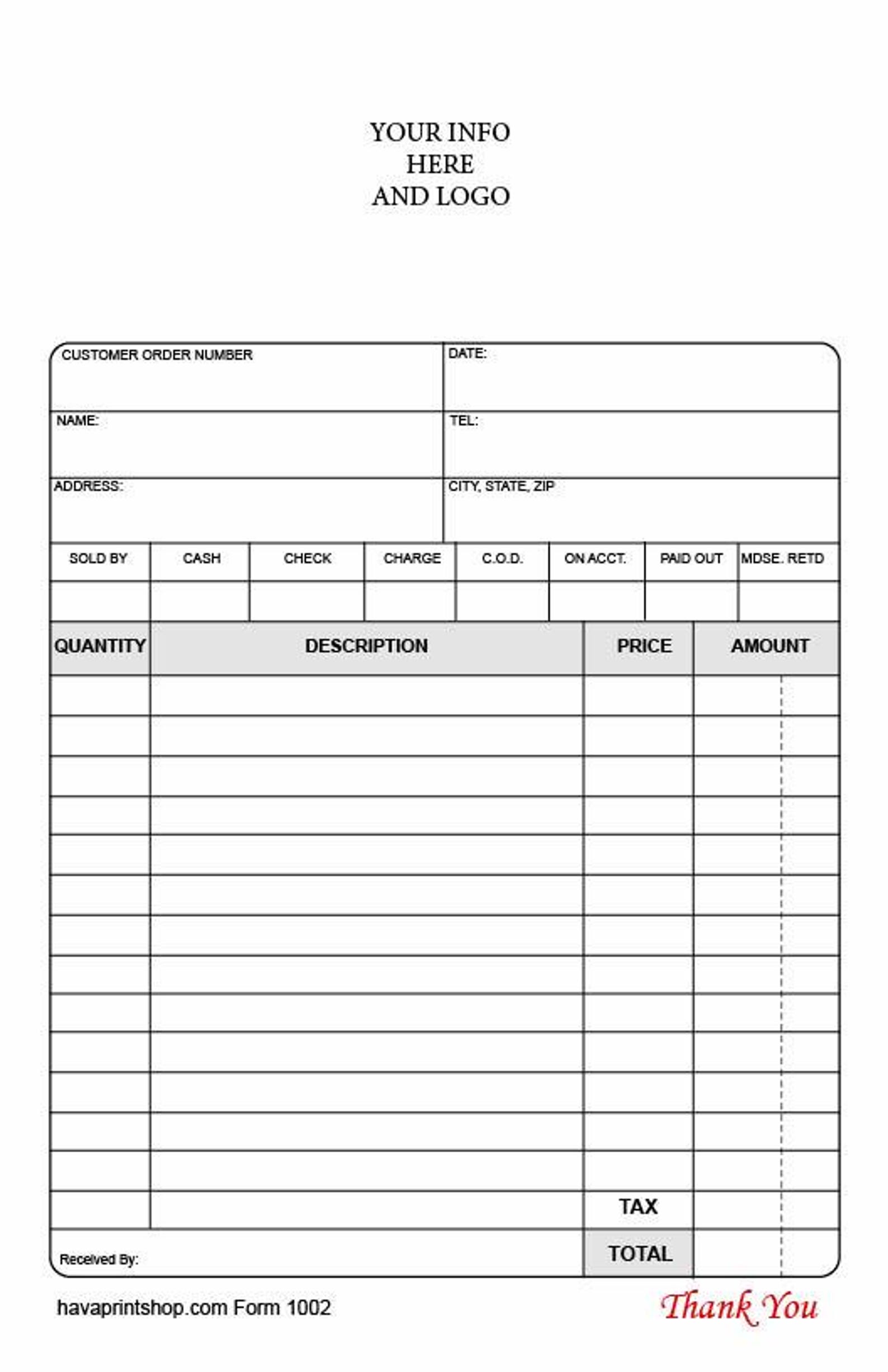 250 Sets of 3 Part Custom Receipt Forms 5.5 X 8.5 Carbonless, Loose Not ...