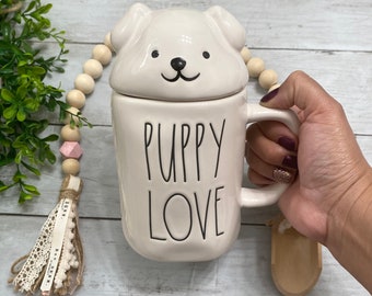 Rae Dunn Mug with Topper  “PUPPY LOVE” Ceramic Coffee Mug Puppy topper Puppy lover Animal lover
