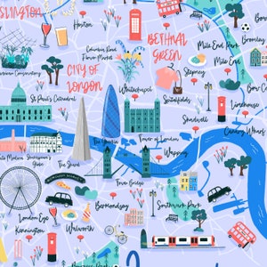 May include: A colorful illustrated map of London, England, with landmarks and neighborhoods labeled. The map features a blue river, green parks, and red buses. The map is on a light purple background.