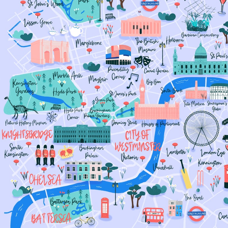 May include: A colorful illustrated map of London, England, with landmarks and points of interest highlighted. The map includes the River Thames, Buckingham Palace, Big Ben, the London Eye, and more.