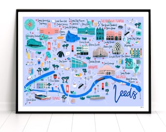 Map of Leeds, Leeds Travel Print, Hand Drawn Map, British Travel Print, Children’s Leeds Map, Leeds Art Print