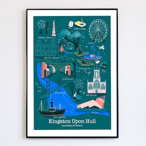 Hull Landmarks Art Print, Hull Travel Print, Kingston Upon Hull Landmarks Poster, Hull Map, Yorkshire Poster