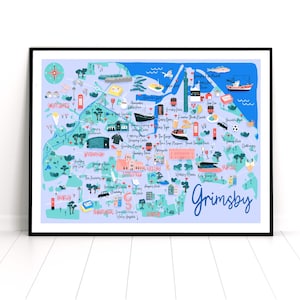 Carte de Grimsby, impression de voyage de Grimsby, carte dessinée à la main, carte de Grimsby pour enfants, impression d'art de Grimsby, carte de voyage du Royaume-Uni