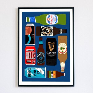 May include: A blue background with a collection of different beer cans and bottles. The cans and bottles include brands like Peroni, Atom, Camden Hells, Meantime, Guinness, Birra Moretti, Brewdog Punk IPA, and Vedett.