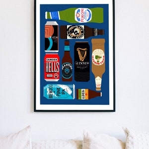 May include: A blue background with a collection of various beer cans and bottles. The cans and bottles include brands such as Brewdog, Camden Hells, Peroni, Guinness, and Meantime.