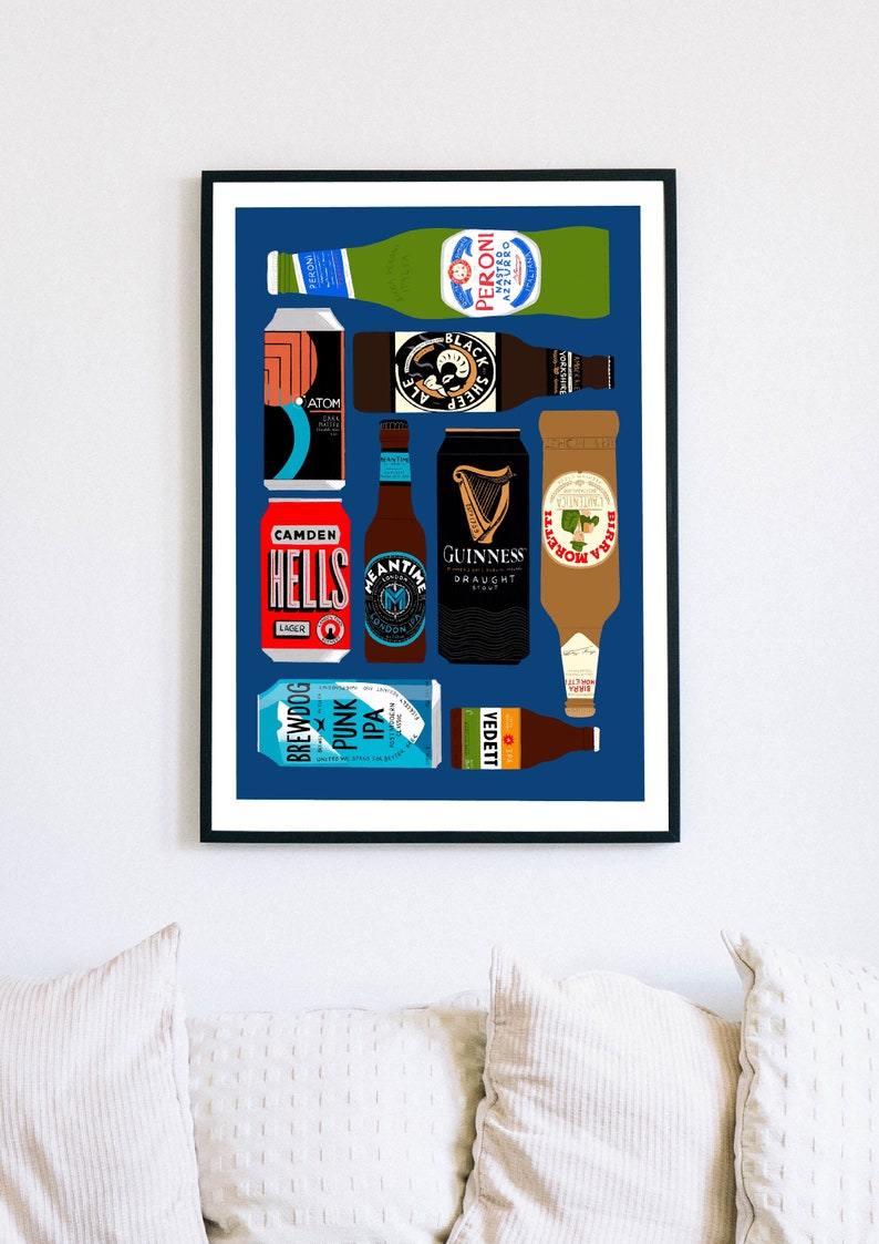 May include: A blue background with a collection of various beer cans and bottles. The cans and bottles include brands such as Brewdog, Camden Hells, Peroni, Guinness, and Meantime.