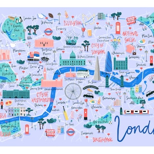 May include: A colorful illustrated map of London, England, with various landmarks and neighborhoods highlighted. The map features a blue river winding through the city, with red double-decker buses, a red telephone booth, and a black taxi cab.