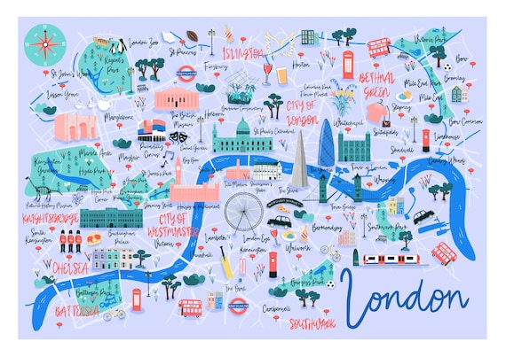 Carte de Londres, Impression de voyage de Londres, Carte dessinée