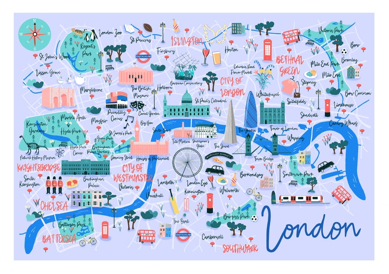 May include: A colorful illustrated map of London, England, with various landmarks and neighborhoods highlighted. The map features a blue river winding through the city, with red double-decker buses, a red telephone booth, and a black taxi cab.