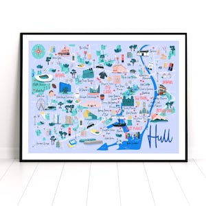 Carte de Hull, Impression de voyage de Hull, Carte dessinée à la main, Impression de voyage en Grande-Bretagne, Impression de l'East Yorkshire, Carte de coque pour enfants, Impression d'art de coque