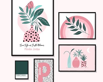 Kids Gallery Wall Set, Floral Gallery Wall Print Set, Giclée Art Print Set, Illustrated Prints, Personalised Print Set, Kids Wall Decor