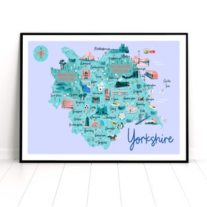 Impression d'art carte du Yorkshire, impression de voyage dans le Yorkshire, carte dessinée à la main, art mural enfant, impression d'art du Yorkshire, carte de voyage au Royaume-Uni