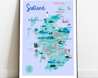 Map of Scotland, Scotland Travel Print, Hand Drawn Map, British Travel Print, Children’s Scotland Map, Scotland Art Print