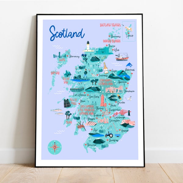 Map of Scotland, Scotland Travel Print, Hand Drawn Map, British Travel Print, Children’s Scotland Map, Scotland Art Print