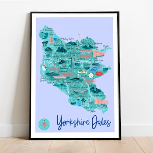 Impression de carte des vallées du Yorkshire, impression de voyage dans le Yorkshire, carte dessinée à la main, carte des vallées du Yorkshire, impression d'art du Yorkshire, carte de voyage du Royaume-Uni