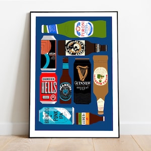 May include: A blue background with illustrations of various beer bottles and cans. The brands include Camden Hells Lager, Brewdog Punk IPA, Meantime London IPA, Guinness Draught Stout, Peroni Nastro Azzurro, Birra Moretti, Yorkshire Sheep Ale, and Atom Black Ale.