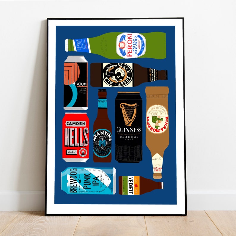 May include: A blue background with illustrations of various beer bottles and cans. The brands include Camden Hells Lager, Brewdog Punk IPA, Meantime London IPA, Guinness Draught Stout, Peroni Nastro Azzurro, Birra Moretti, Yorkshire Sheep Ale, and Atom Black Ale.