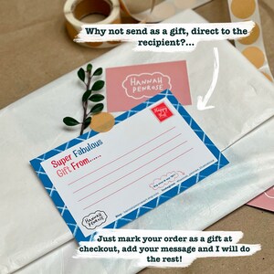 May include: A blue and white gift tag with the text "Super Fabulous Gift From..." and a pink card with the text "Hannah Penrose" on a white background. The text "Just mark your order as a gift at checkout, add your message and I will do the rest!" is also visible.