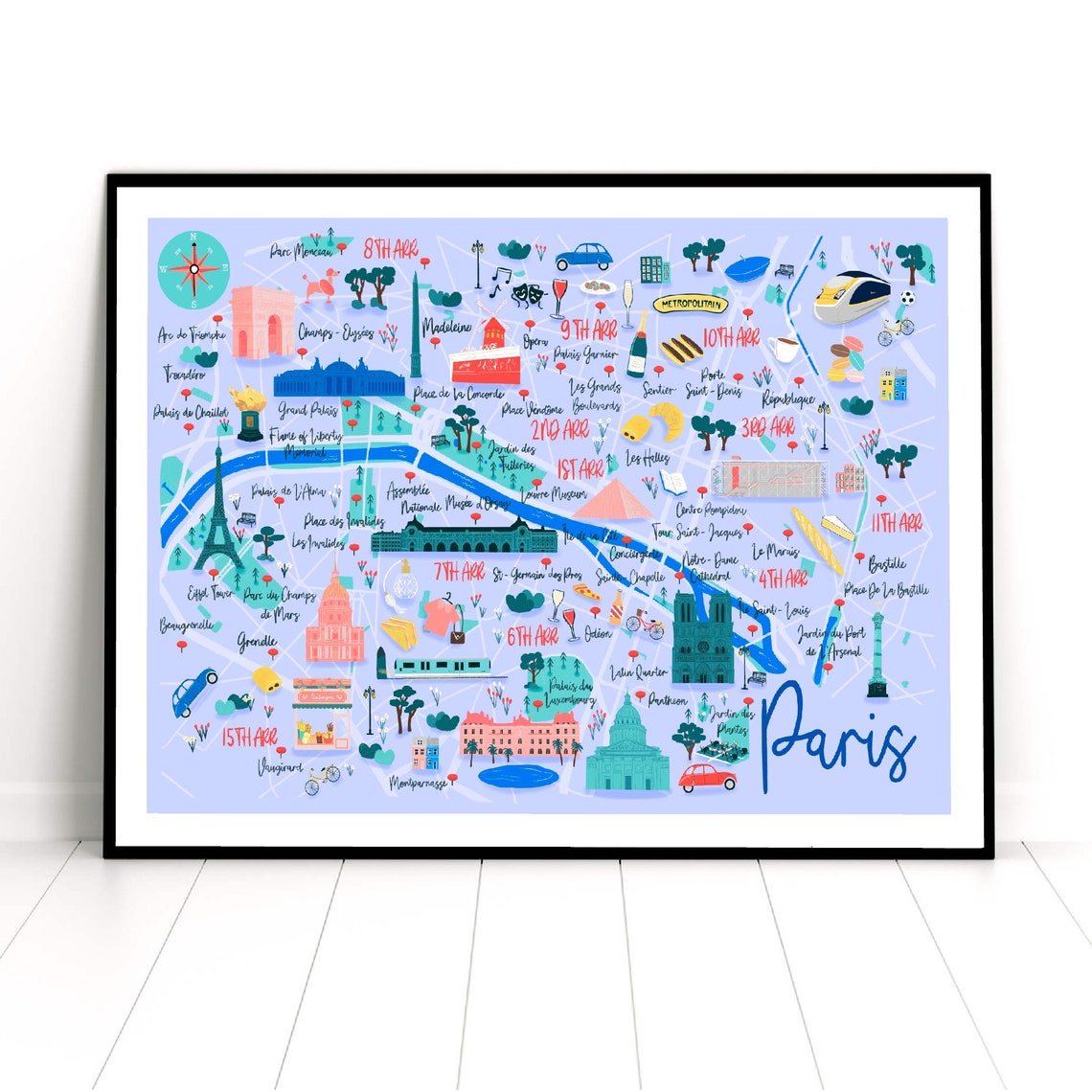 Map of Paris Paris Travel Print Hand Drawn Map French - Etsy UK
