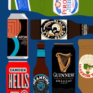 May include: A collection of colorful beer cans and bottles, including Camden Hells Lager, Atom Dark Matter, Meantime London Pale Ale, Black Sheep Ale, Guinness Draught Stout, and Moretti Autentica.