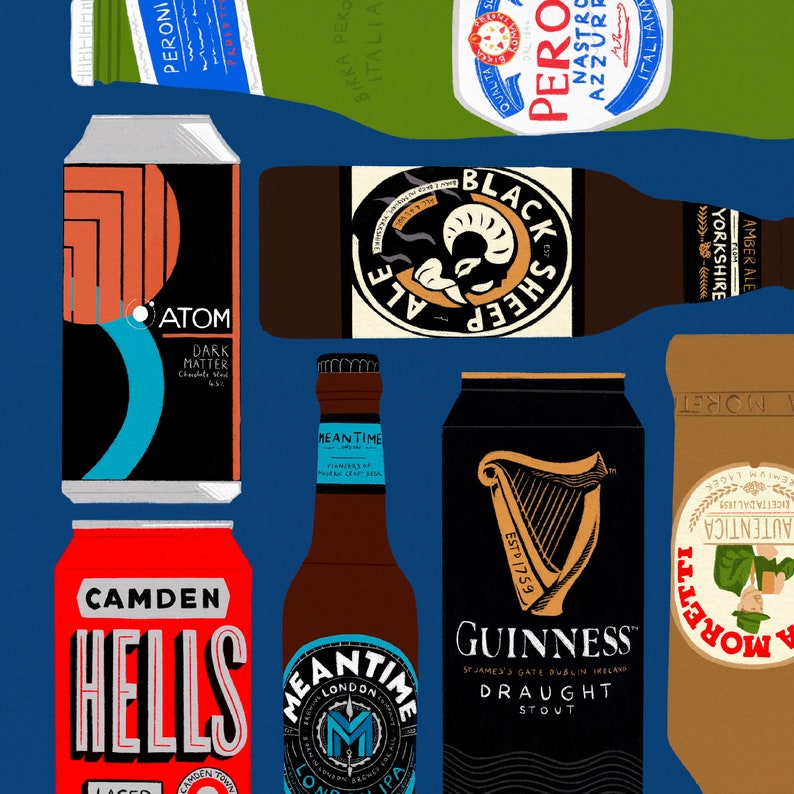 May include: A collection of colorful beer cans and bottles, including Camden Hells Lager, Atom Dark Matter, Meantime London Pale Ale, Black Sheep Ale, Guinness Draught Stout, and Moretti Autentica.