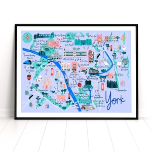 Carte de York, impression de voyage de York, carte dessinée à la main, impression de voyage britannique, carte de York pour enfants, impression d'art de York, art du Yorkshire