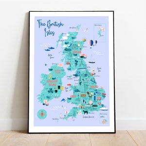 Carte des îles britanniques, impression des îles britanniques, carte dessinée à la main personnalisée, art mural pour enfants, carte du Royaume-Uni pour enfants, impression d'art du Royaume-Uni, carte de voyage du Royaume-Uni